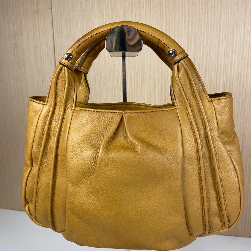 B. Makowsky Mustard Yellow Leather Satchel Top Handle Leopard Lined